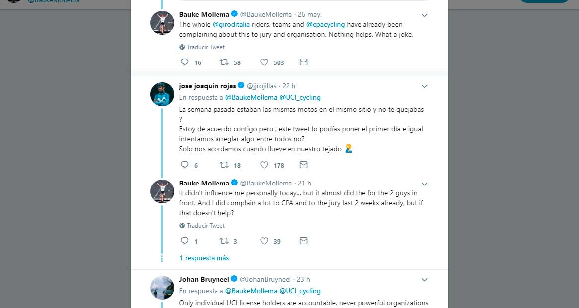 rifirrafe entre mollema y rojas por culpa de las motos del giro
