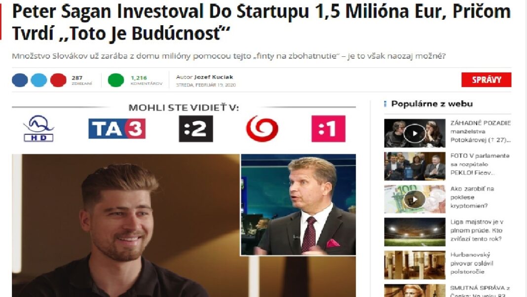 Peter Sagan se ve envuelto en un timo online de criptomonedas Bitcoin
