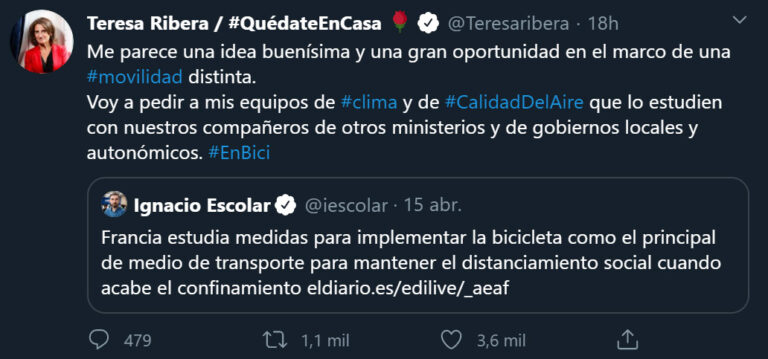 La ministra Teresa Ribera pedirá estudiar el uso de la bicicleta tras el confinamiento