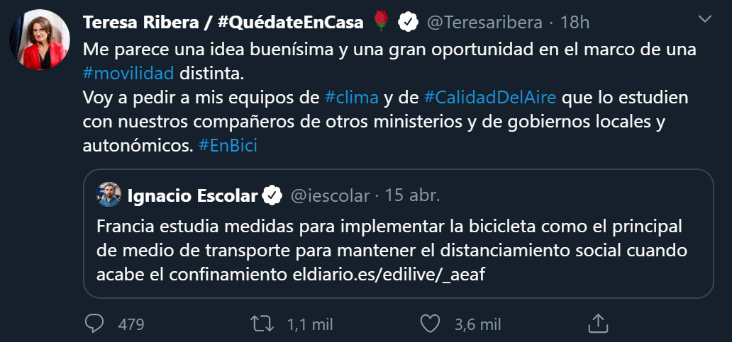 La ministra Teresa Ribera pedirá estudiar el uso de la bicicleta tras el confinamiento